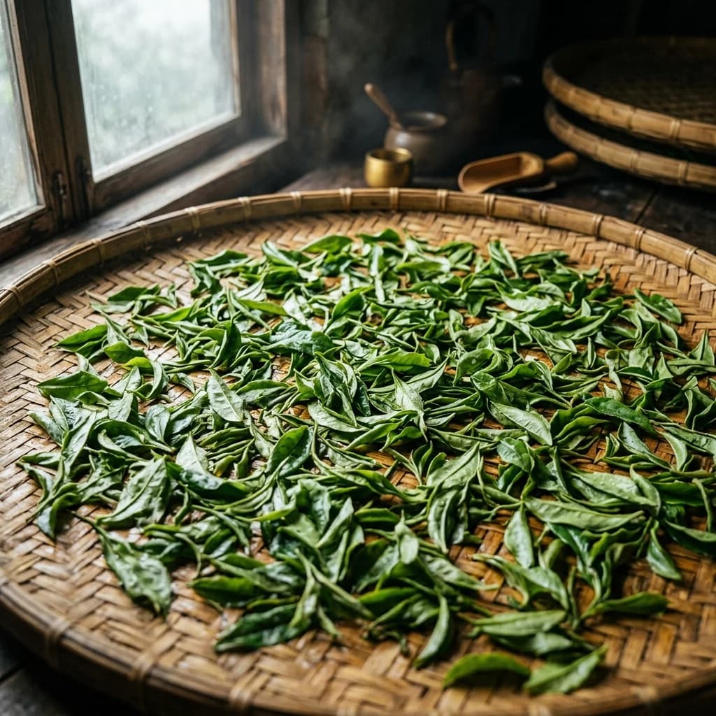 Fresh tea leaves spread on bamboo withering trays